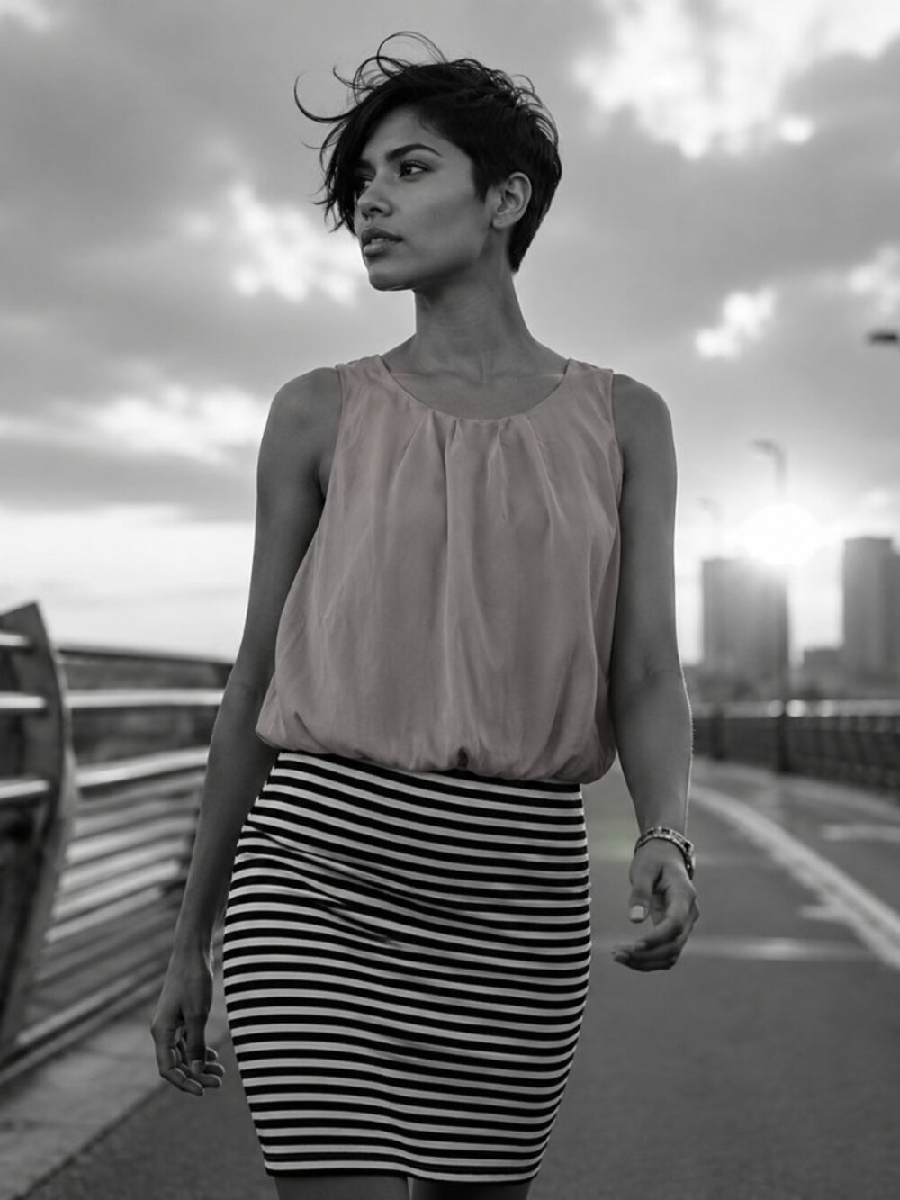 Emerald Sundae black, white and coral sleeveles striped dress